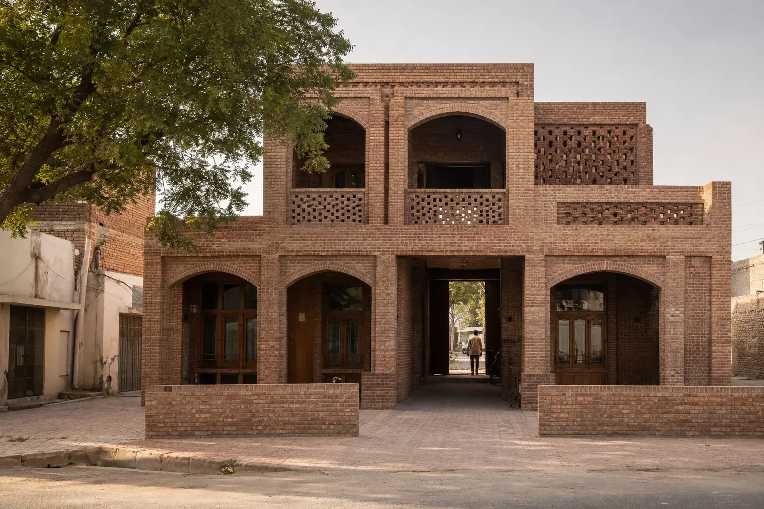 AI concept of a Punjabi brick house with shaded arches, a perforated brick screen and a neem tree