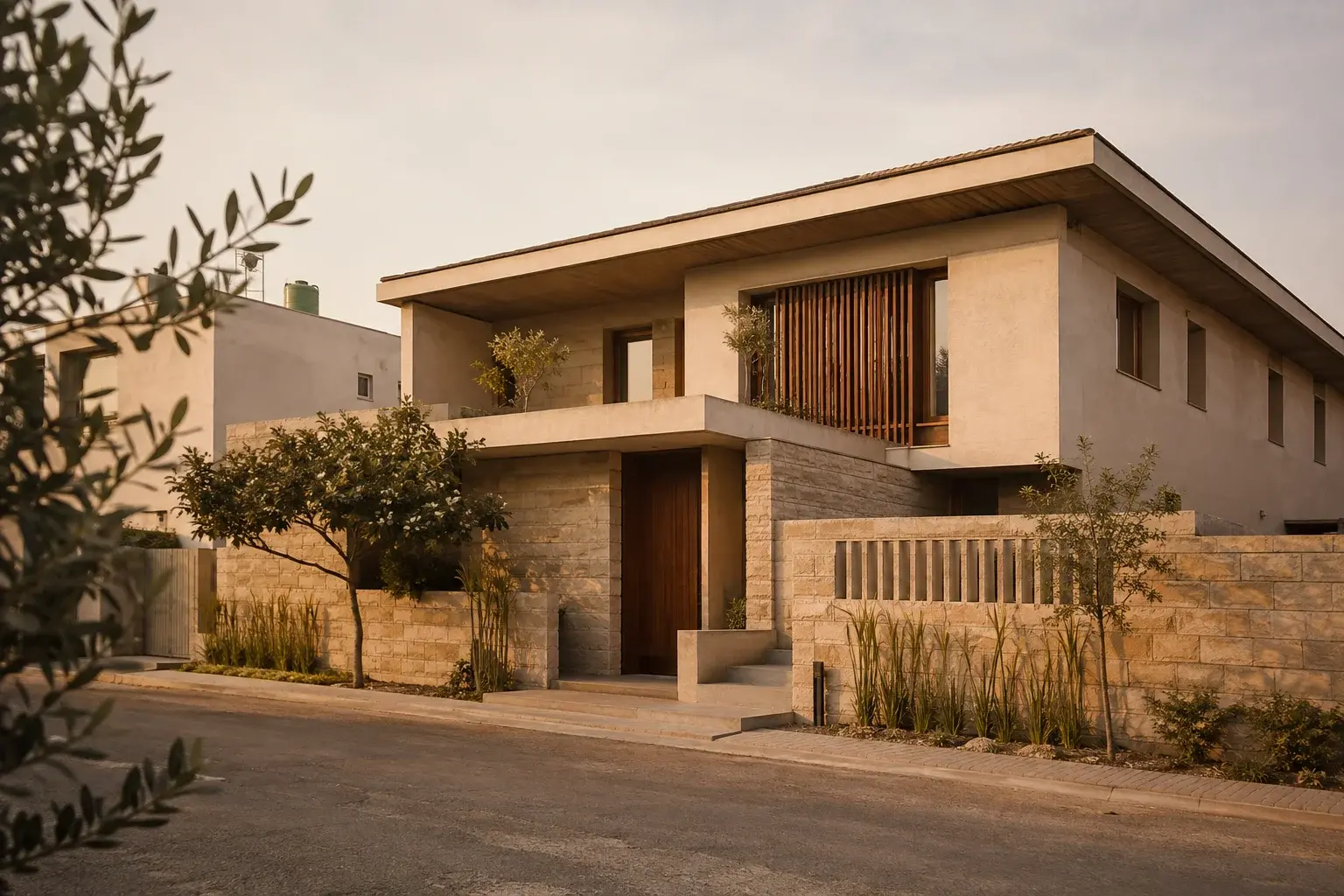 AI concept of a modern two-storey limestone home with timber screens in warm afternoon light