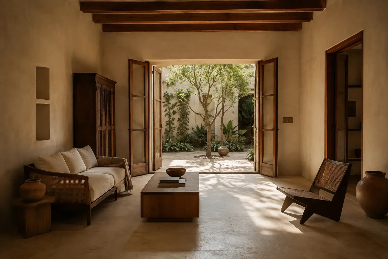 AI concept of a warm living room looking onto a leafy courtyard
